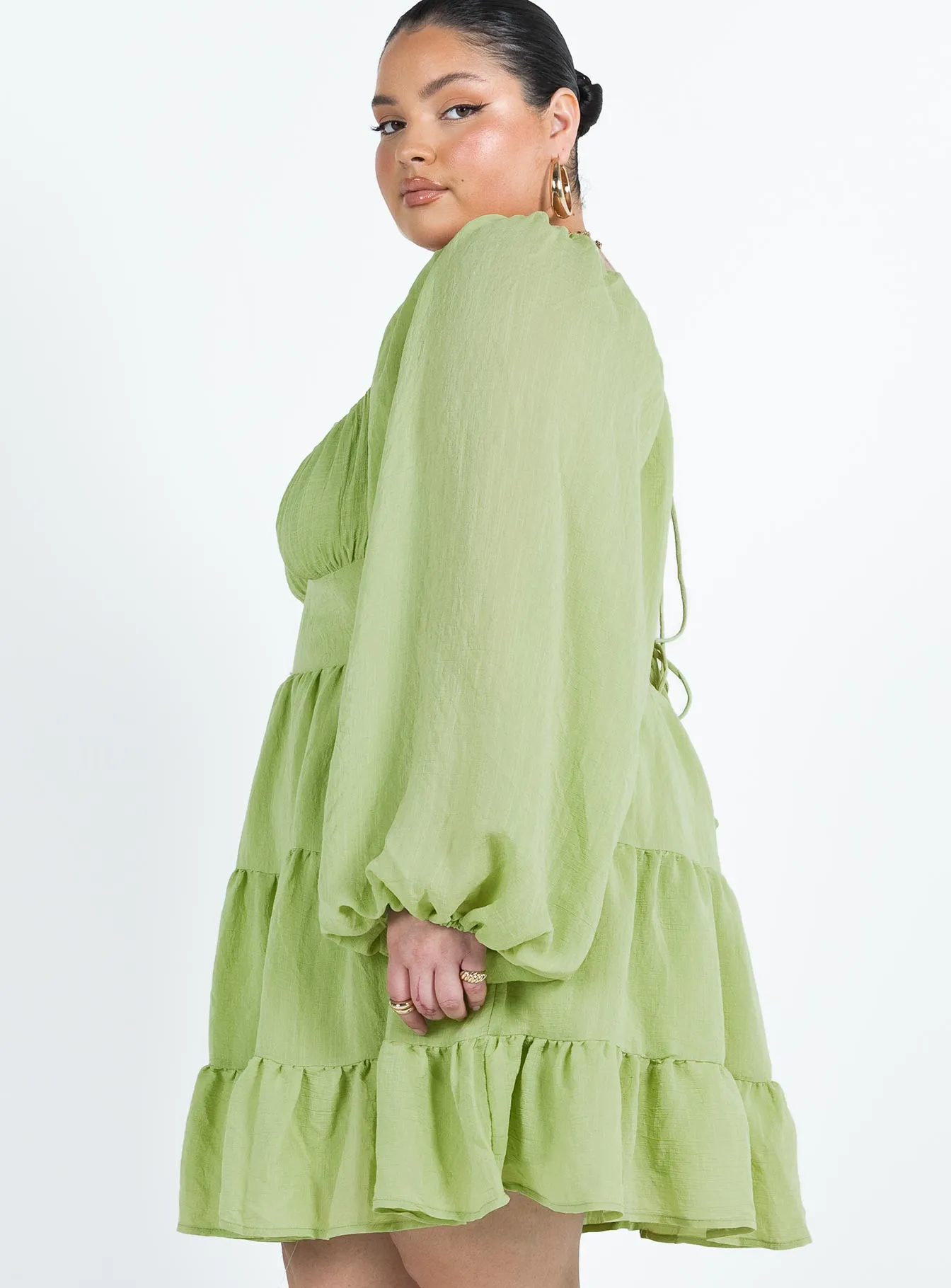 Danny Long Sleeve Mini Dress Green Curve Bold Pattern Smooth Design