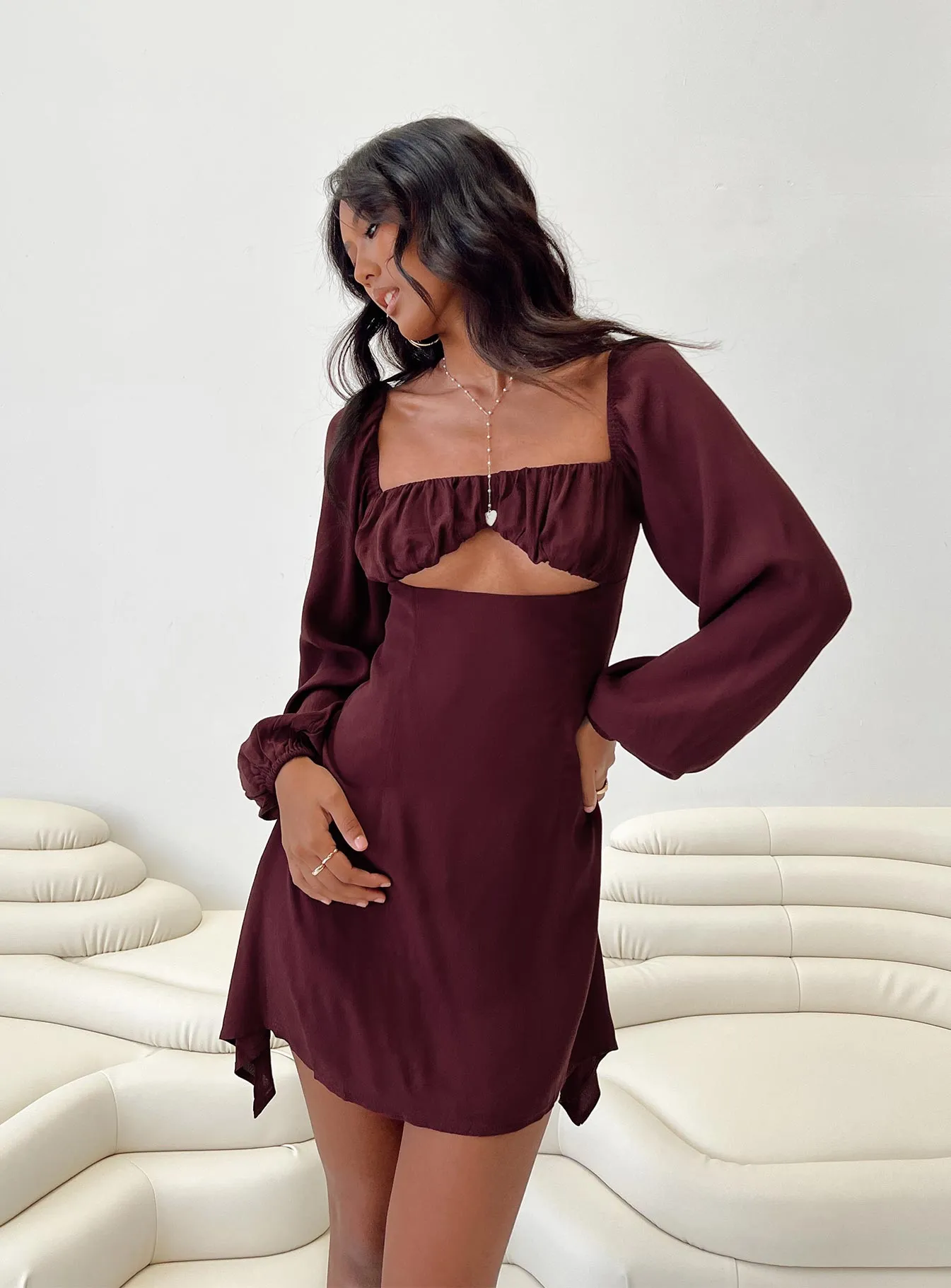 Haven Long Sleeve Mini Dress Burgundy Silky Mood Pure Aesthetic