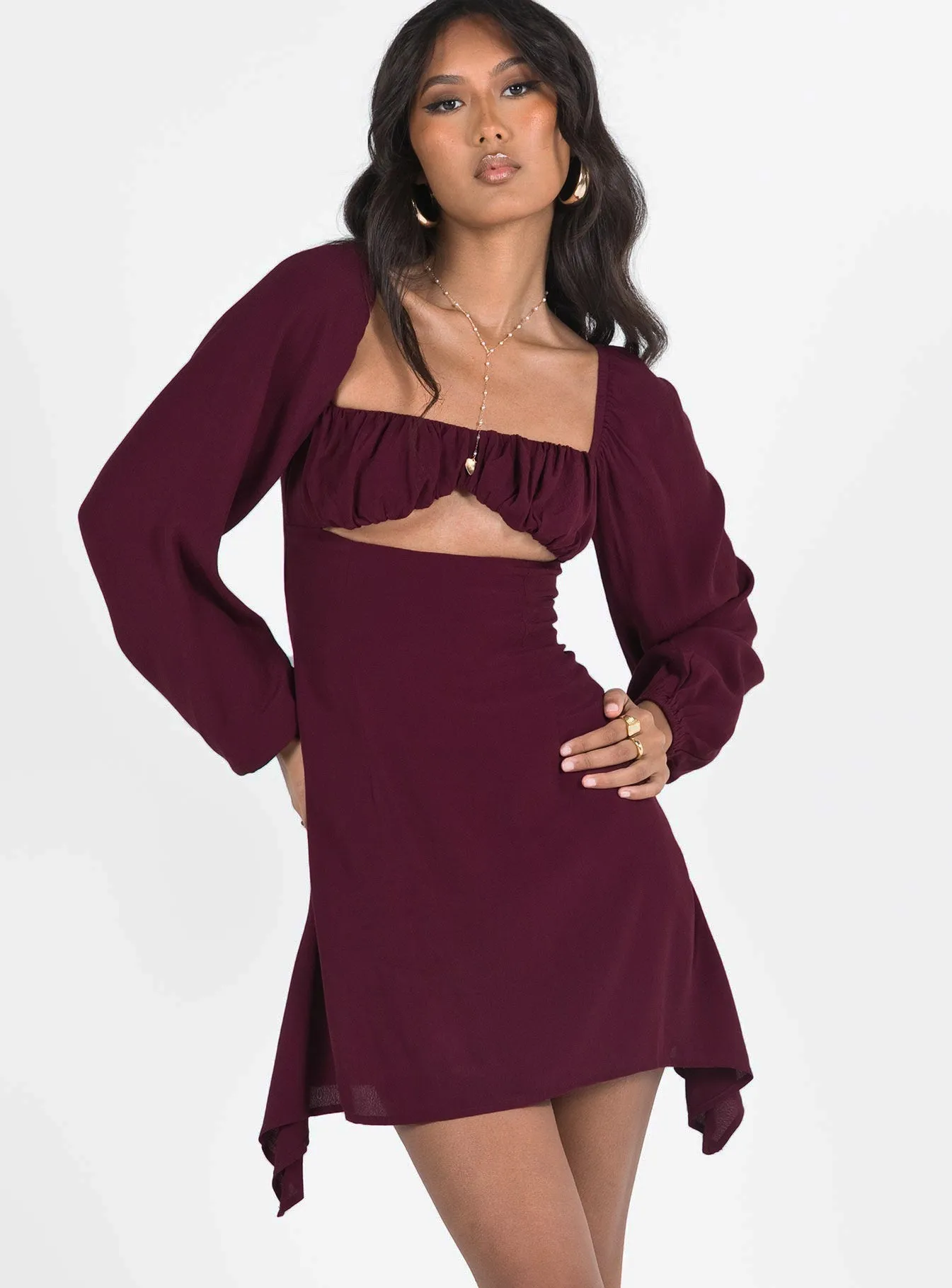 Haven Long Sleeve Mini Dress Burgundy Sophisticated cocktail dress Autumn Ready