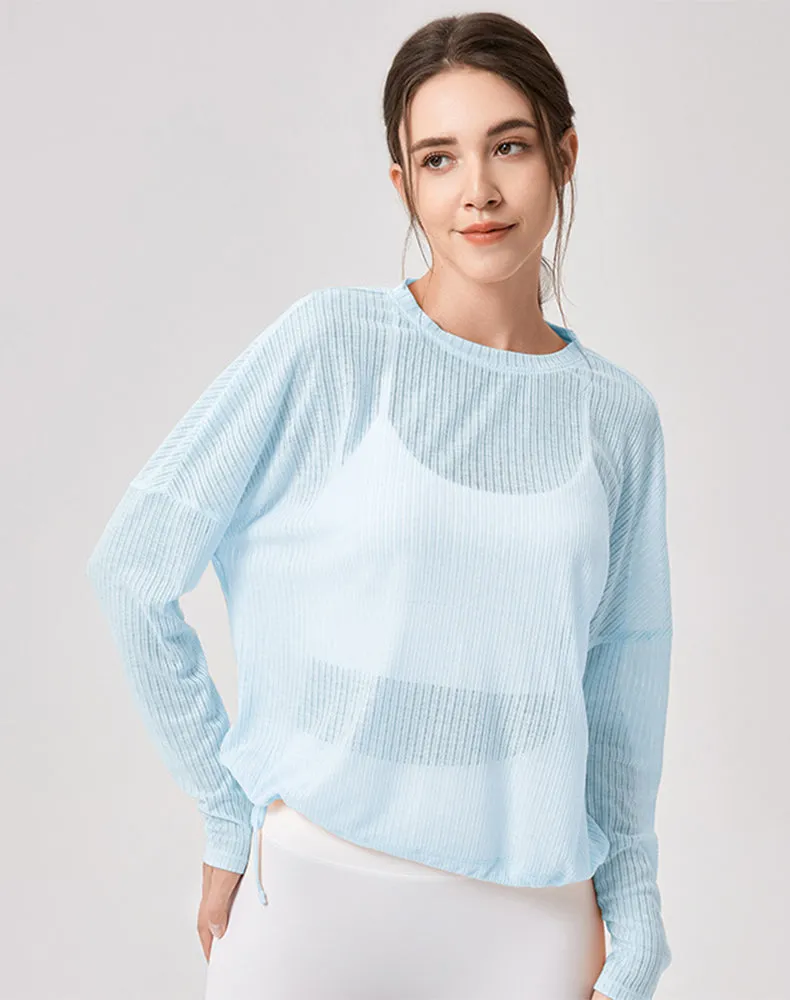 Minimal Design Sheer Long Sleeve Mesh Top Crewneck Loose See Through Blouse