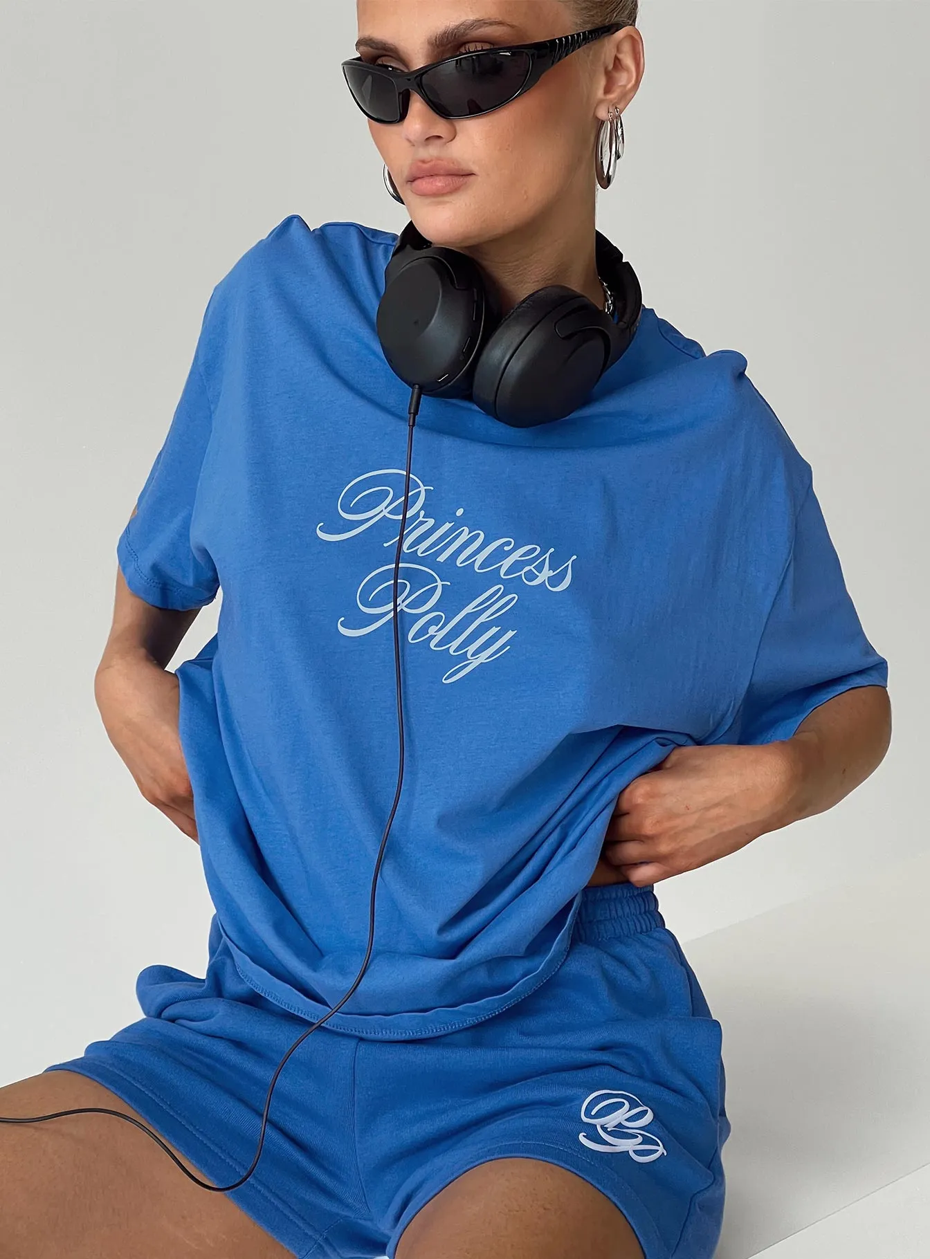 Princess Polly Cursive Oversized Tee Blue / White Fun and Relaxed sporty wear