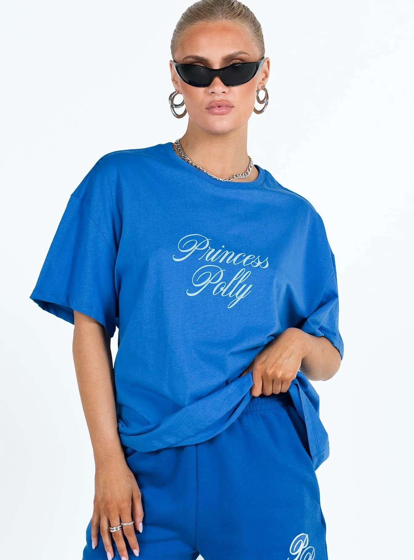 Essential Wear Princess Polly Cursive Oversized Tee Blue / White