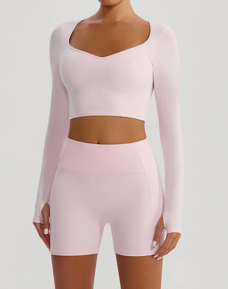 Solid Color Crop Top Yoga Long Sleeve V Neck T-Shirts HygroscopicFiber