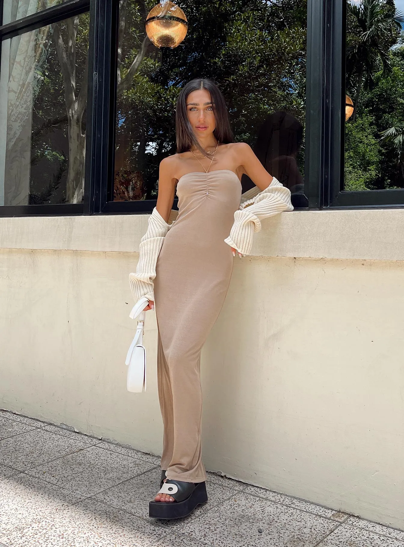 Celebrity-Inspired Charm Strapless Maxi Dress Brown