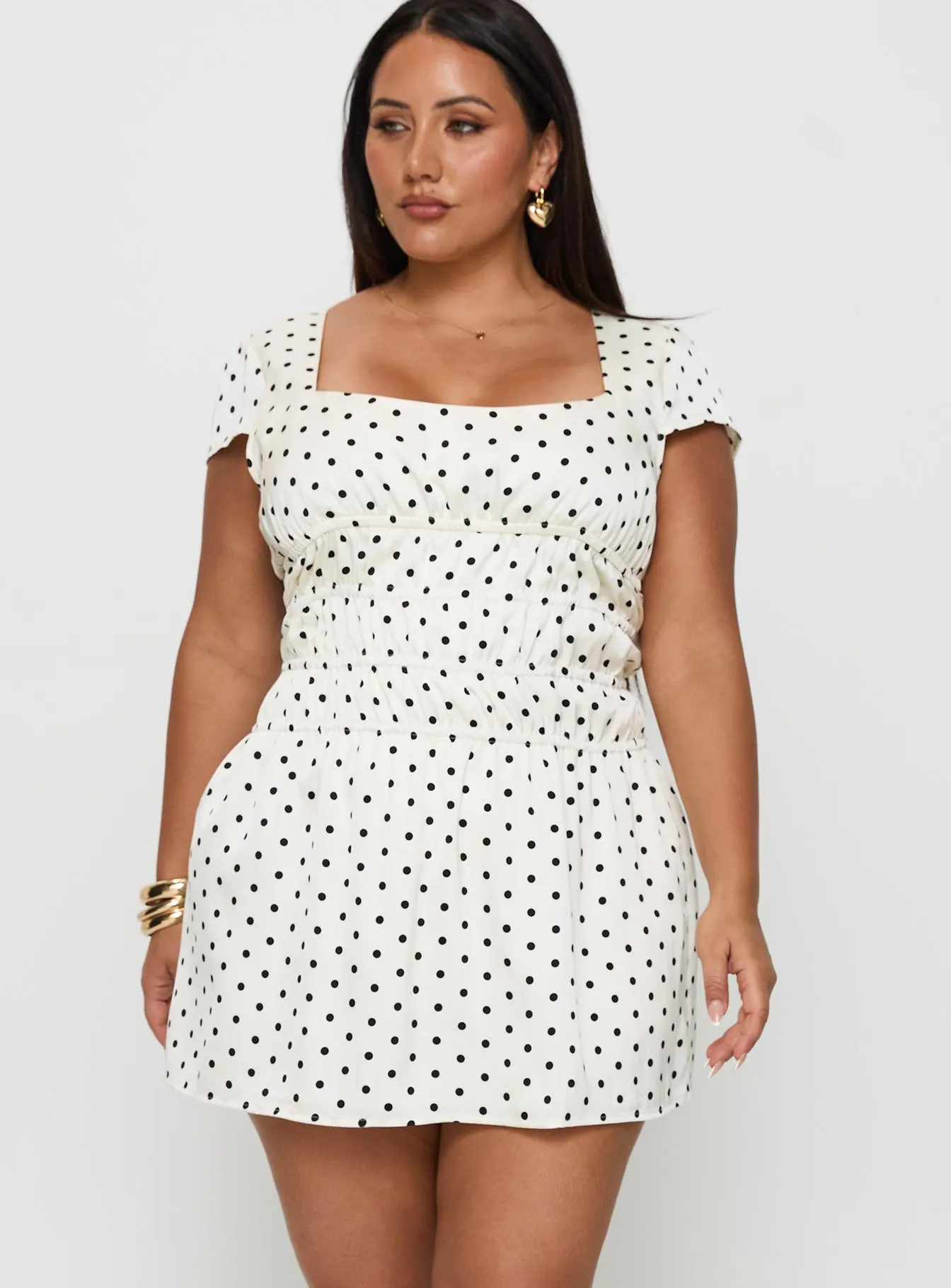 Calm Finish Pleat Breeze Evangelie Ruched Mini Dress White Polka Curve