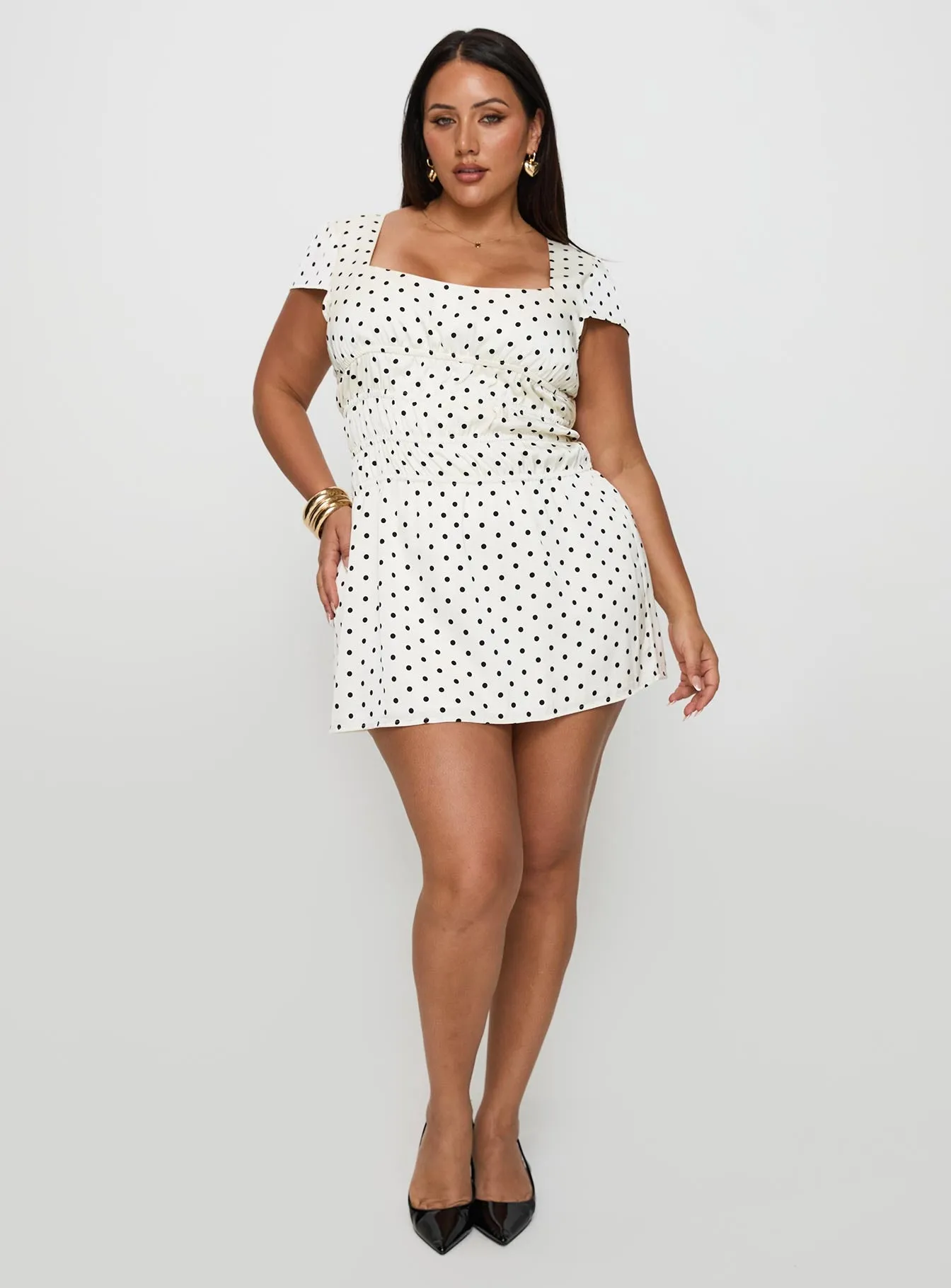 Timeless Waist Calm Texture Evangelie Ruched Mini Dress White Polka Curve