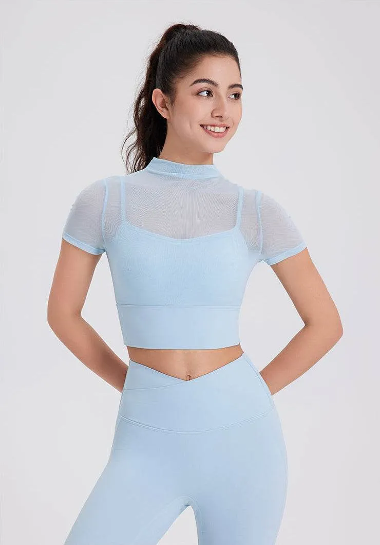 Mesh Fitness Crop T-Shirts with Built-in Chest Pad Cozy Style