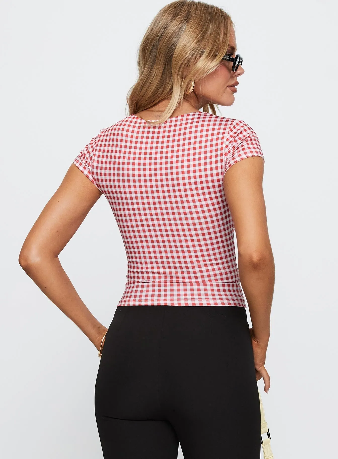Layered Shoulder Design Marcello Graphic Top Red Check