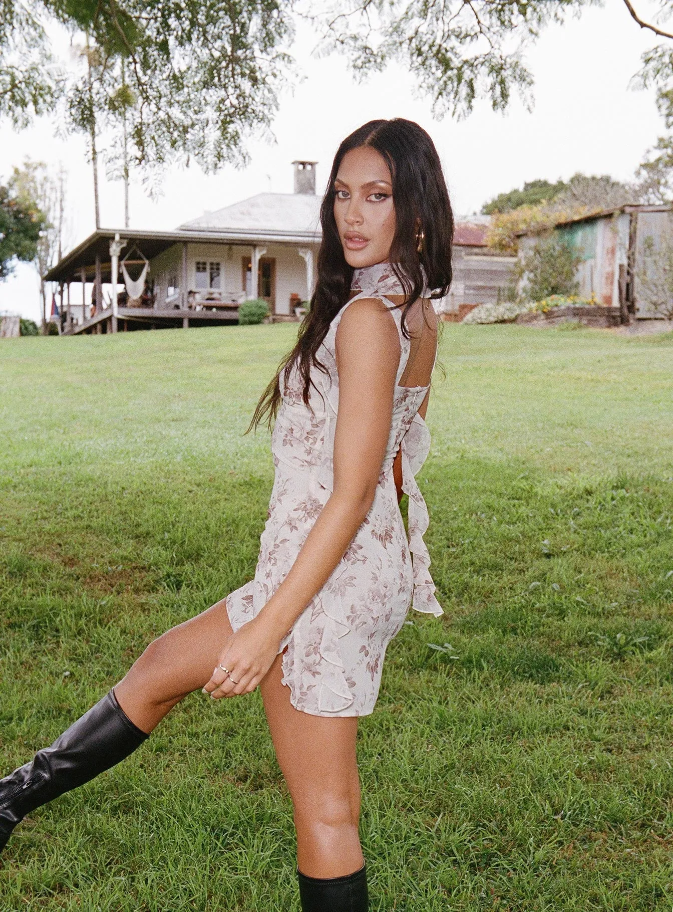 Gloss Accent Relax Form Big Dreams Floral Scarf Mini Dress Cream