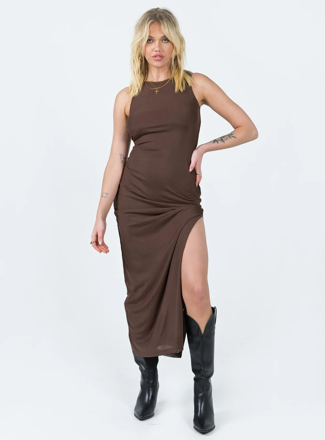 Vibrant Form Brenly Mesh Maxi Dress Brown