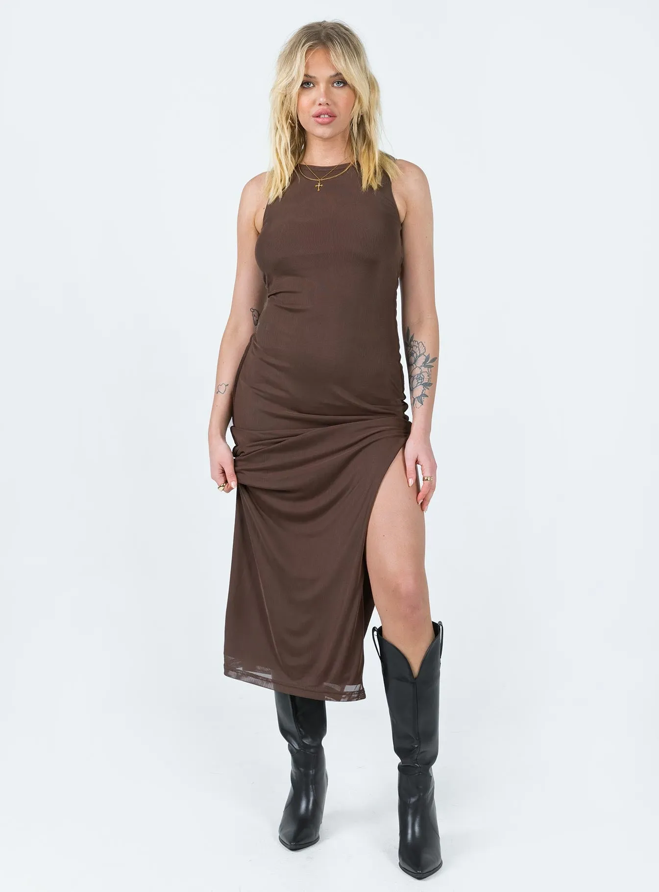 Brenly Mesh Maxi Dress Brown Tie-dye