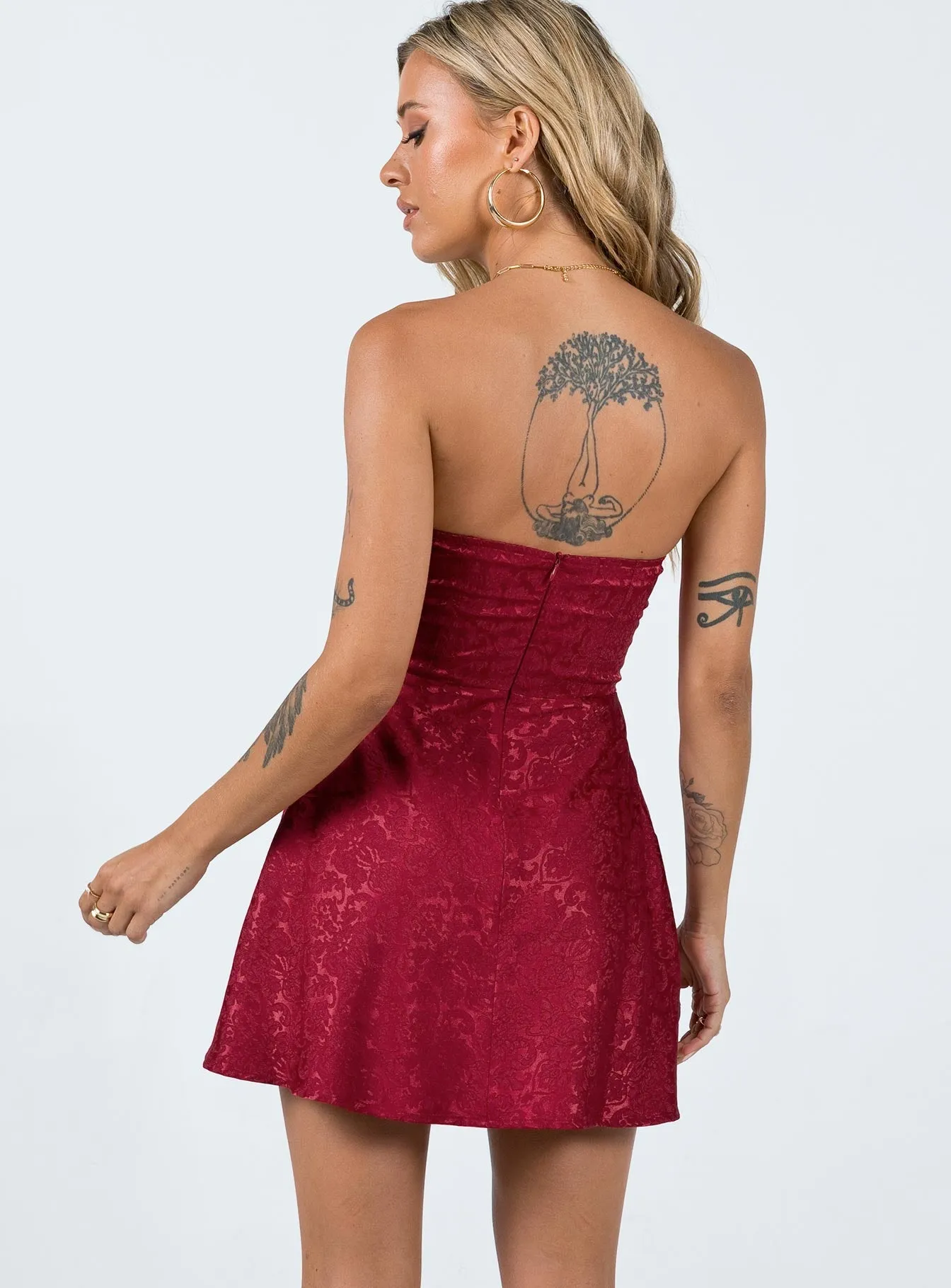 Hidden Pocket LowProfileZipper Lenette Mini Dress Burgundy
