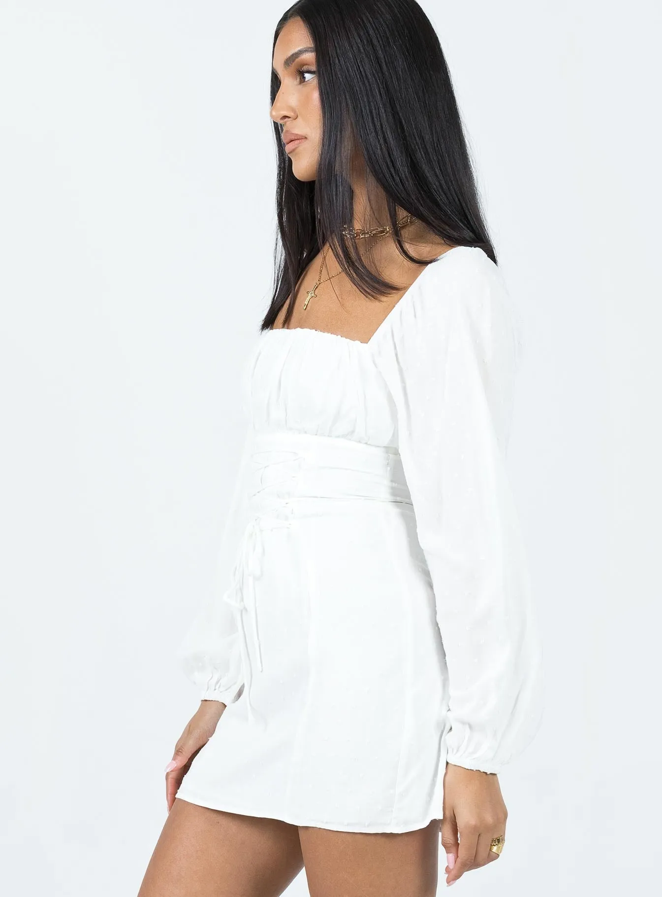 Airy Base Square Neck Fauce Long Sleeve Mini Dress Cream