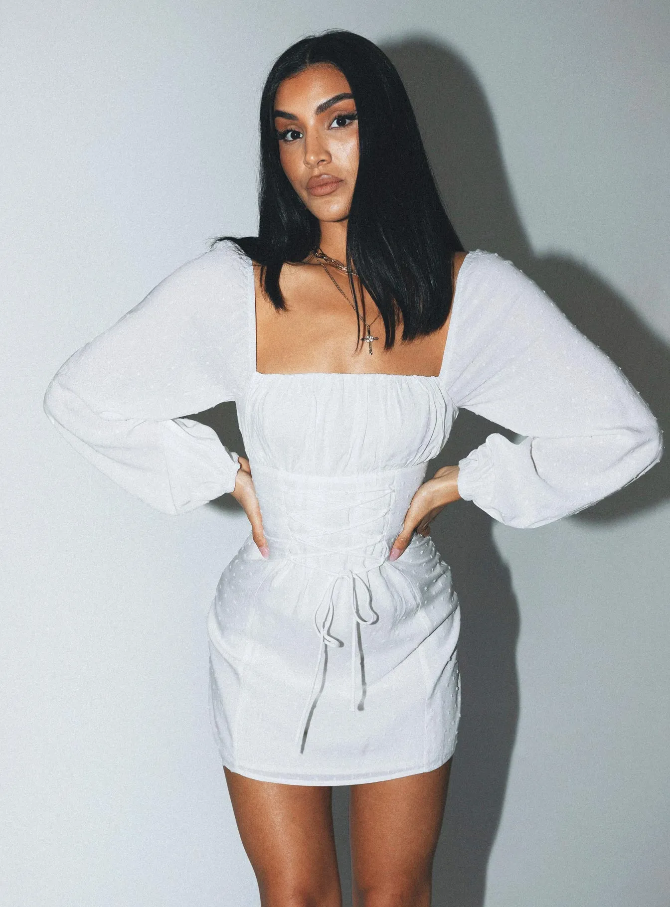 Fauce Long Sleeve Mini Dress Cream Trend Texture