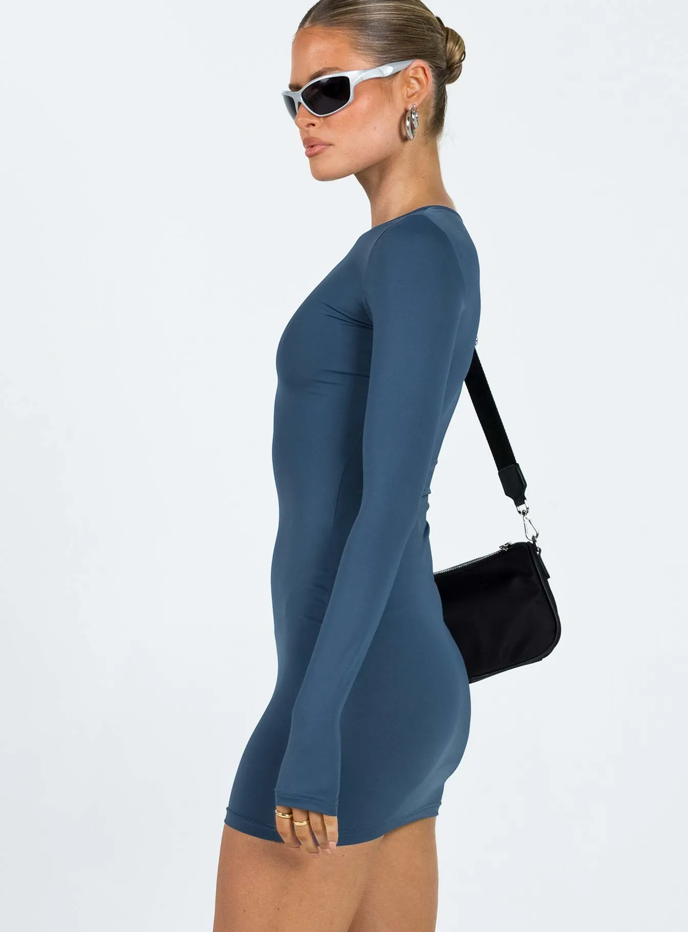 Farro Long Sleeve Mini Dress Navy Body Ease Waist Seam