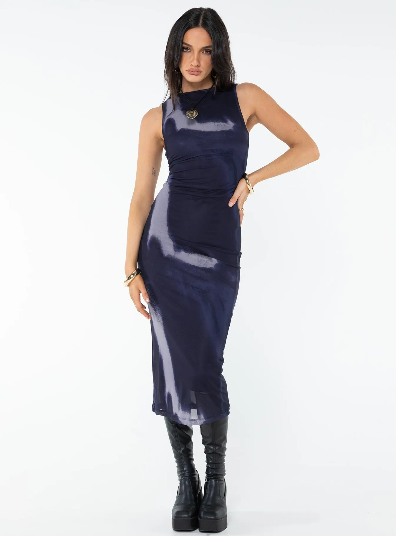 Sleek Tailoring Fayola Dress Mesh Watercolour Navy