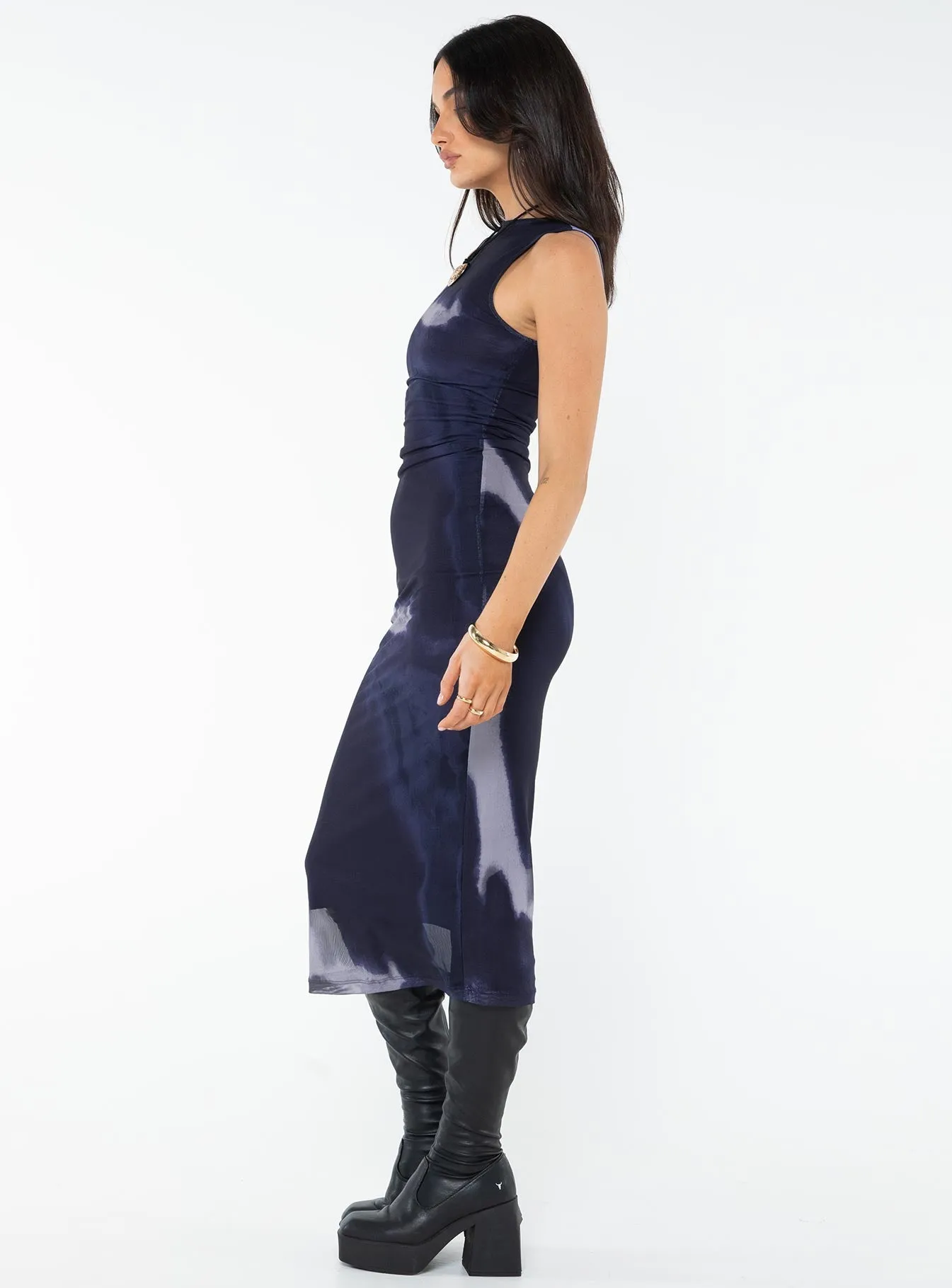 Fayola Dress Mesh Watercolour Navy Anytime Fit