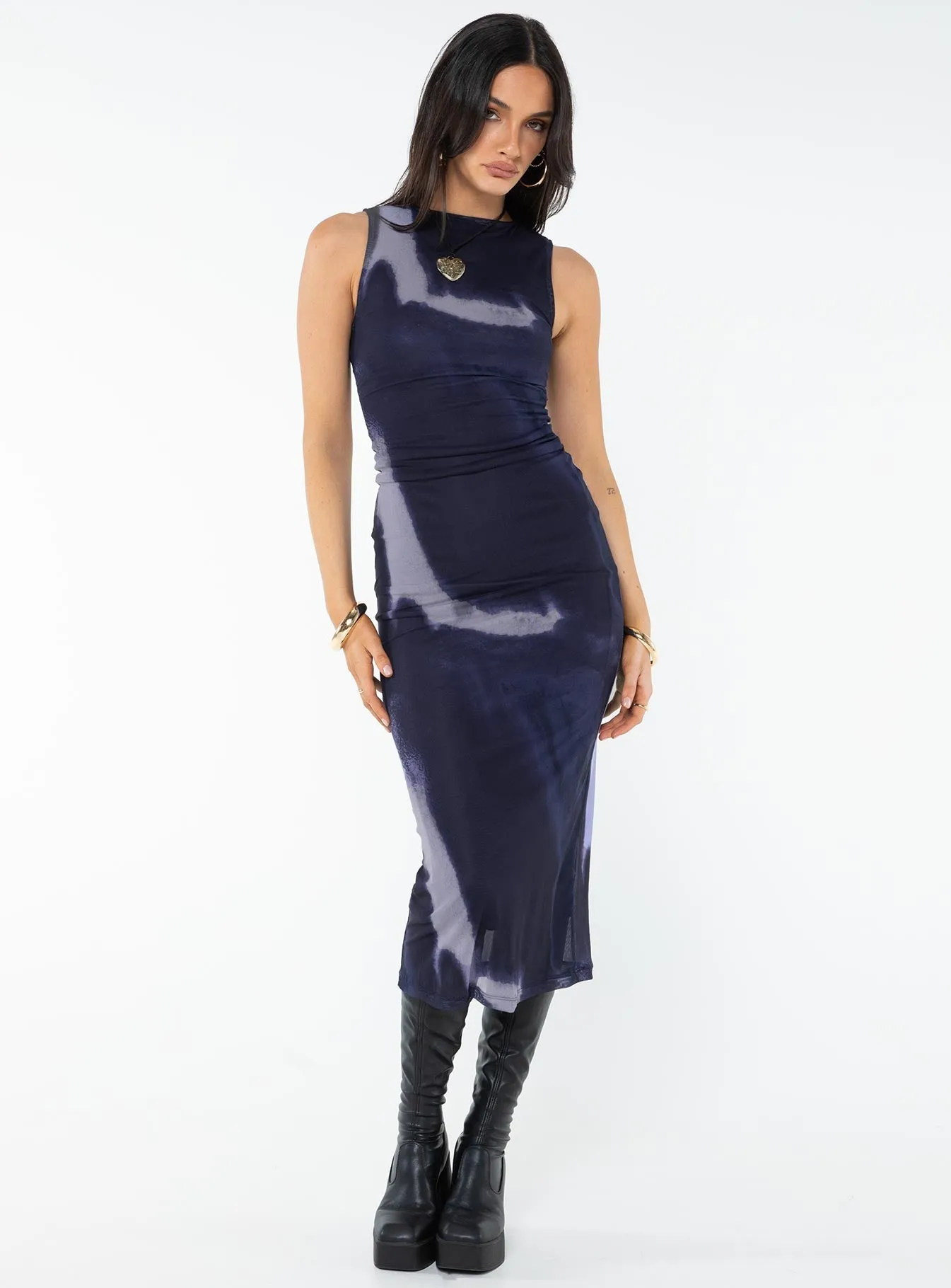 Sophisticated Cut Fayola Dress Mesh Watercolour Navy