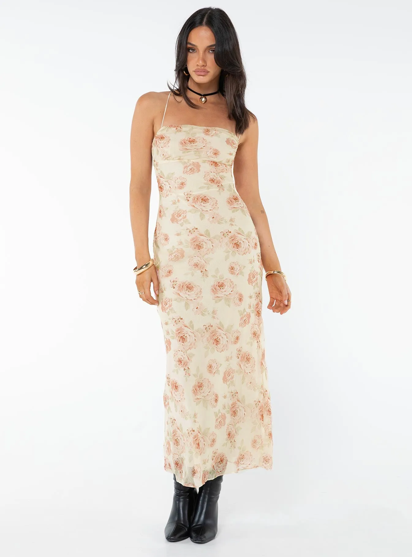 Quilted-Lining Polite Vibe Cartian Strapless Maxi Dress Cream / Pink Floral