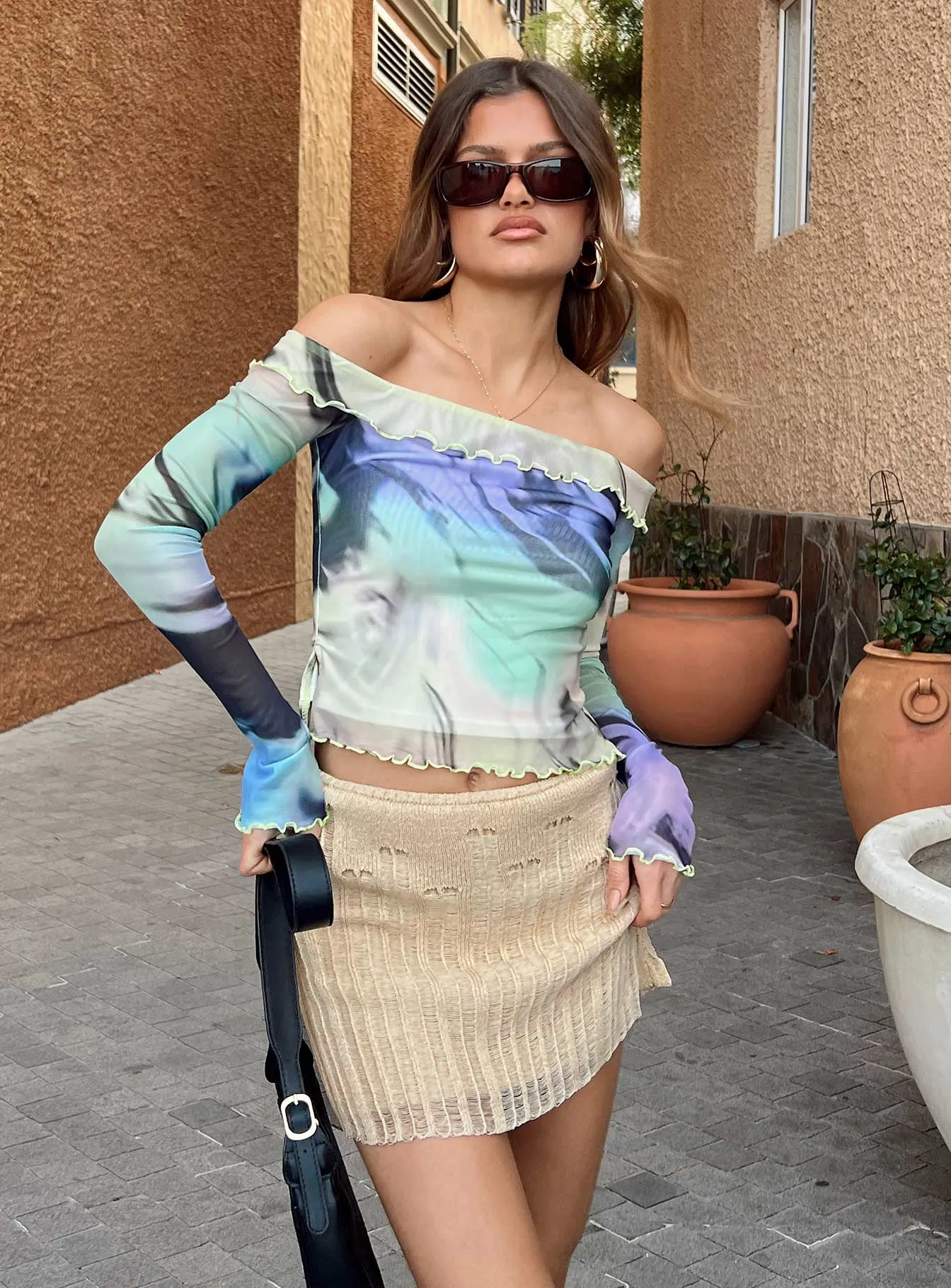 Macaulay Knit Mini Skirt Beige Bohemian vibe