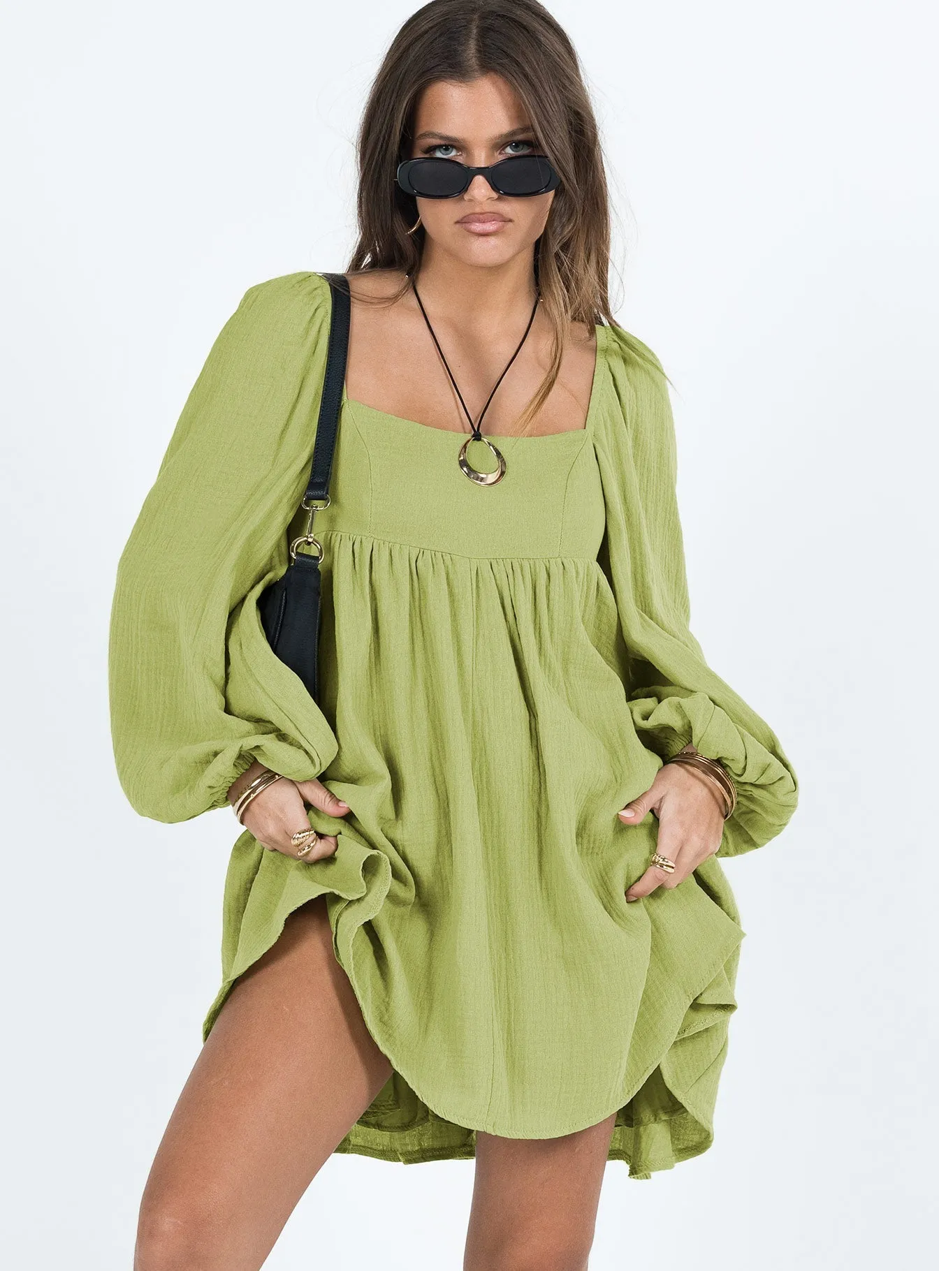 High Waist Lorna Long Sleeve Mini Dress Sage
