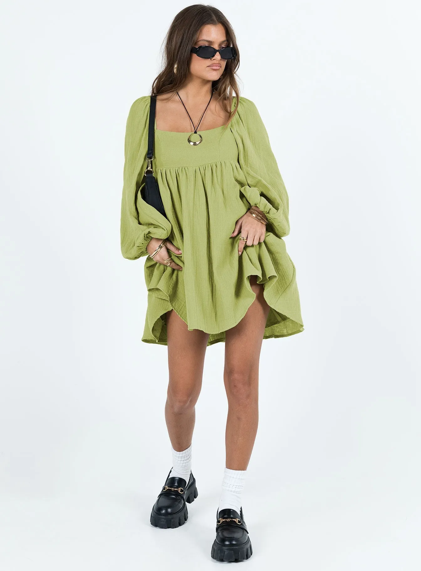 Sophisticated Waist Feminine off-the-shoulder gown Lorna Long Sleeve Mini Dress Sage