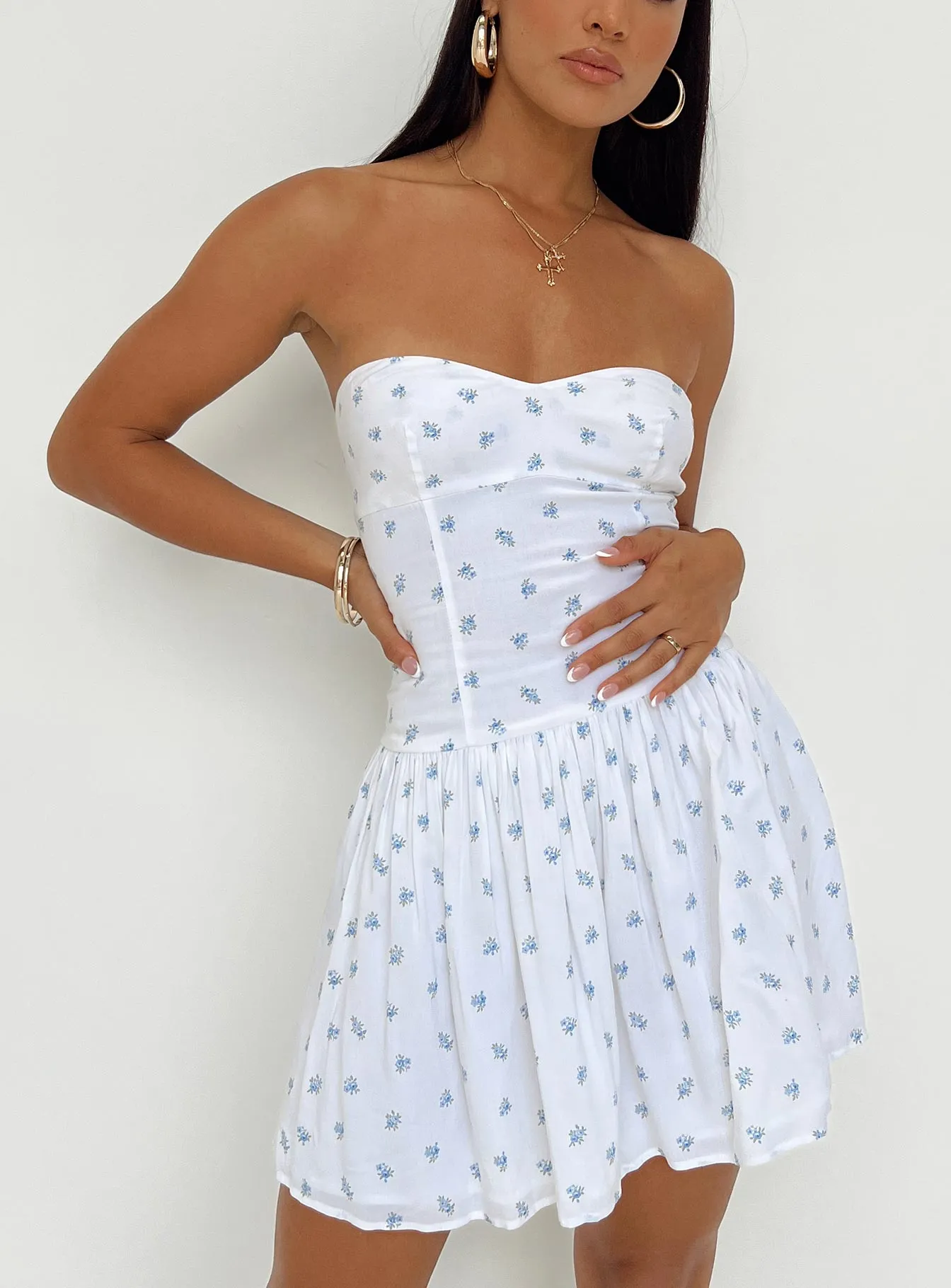 Bette Strapless Mini Dress White / Blue Feminine Movement Sophisticated Touch