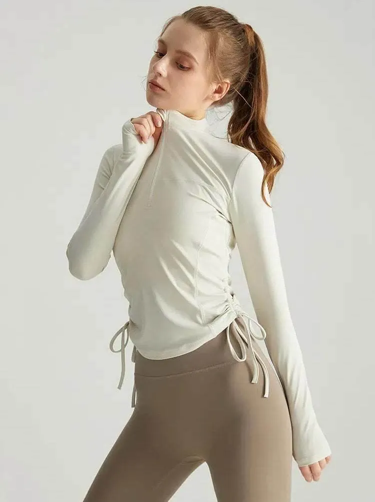 Long Sleeve Standing Collar Fitness T-Shirt With Drawstring VentilatedKnit Ship Glow