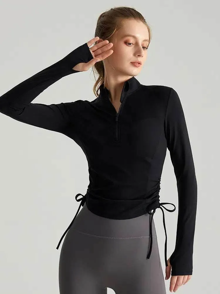 Long Sleeve Standing Collar Fitness T-Shirt With Drawstring Weather Guard