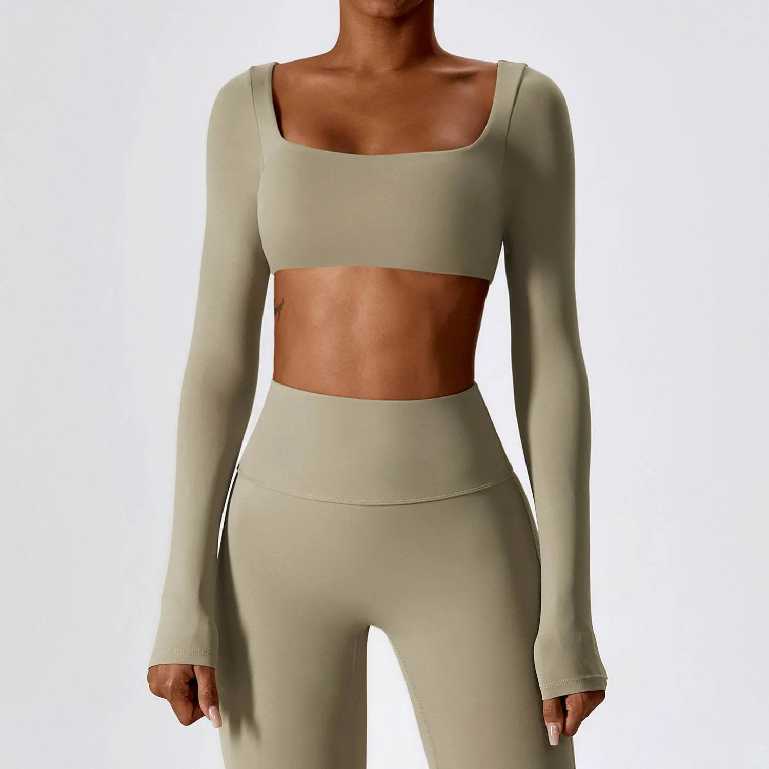 Music Mood Square Neck Yoga Crop Tops Long Sleeve T-Shirt