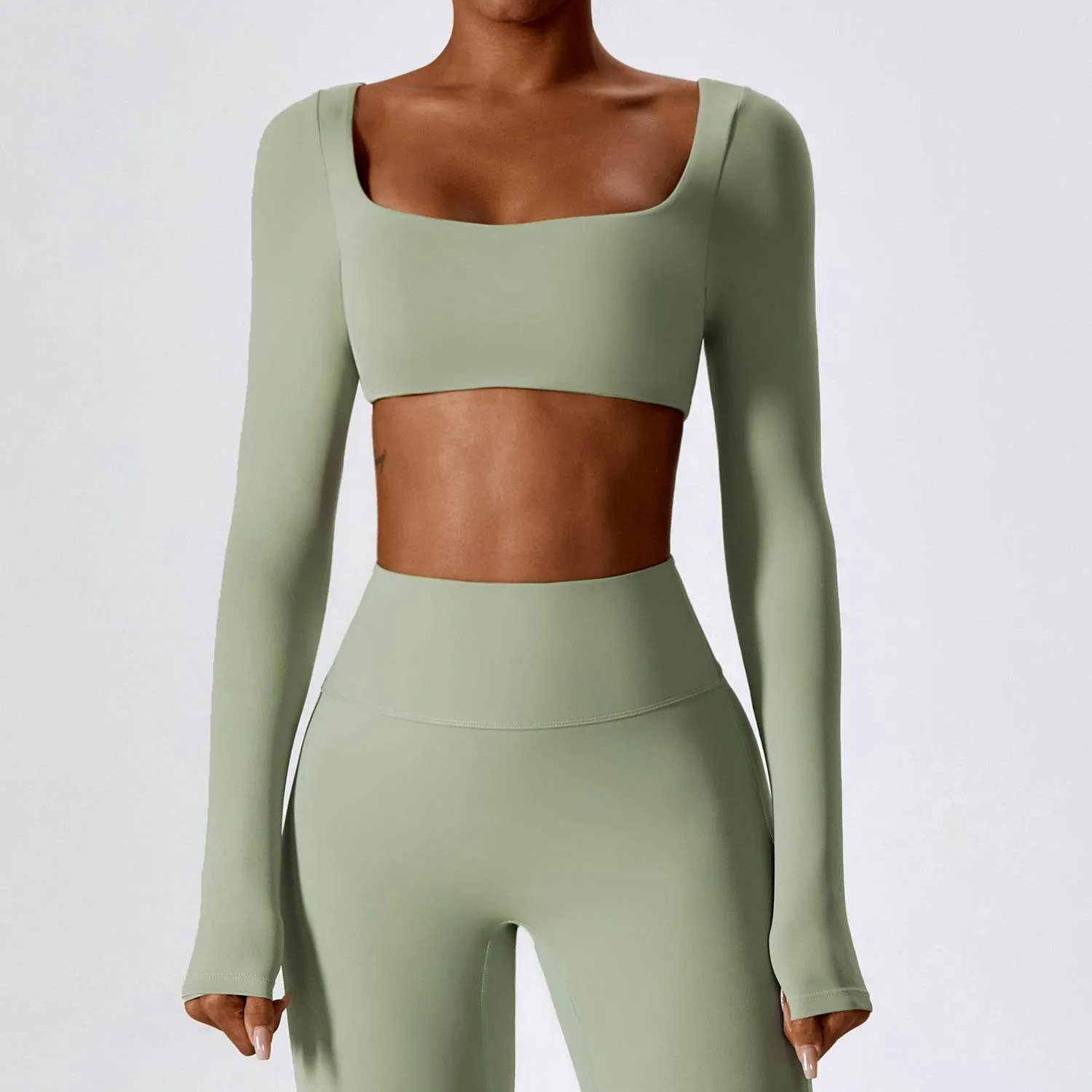 Sharp Line Square Neck Yoga Crop Tops Long Sleeve T-Shirt