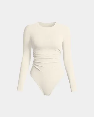Ruched Crew Neck Long Sleeve Stretch Bodysuits cocktail bodysuit bridal bodysuit