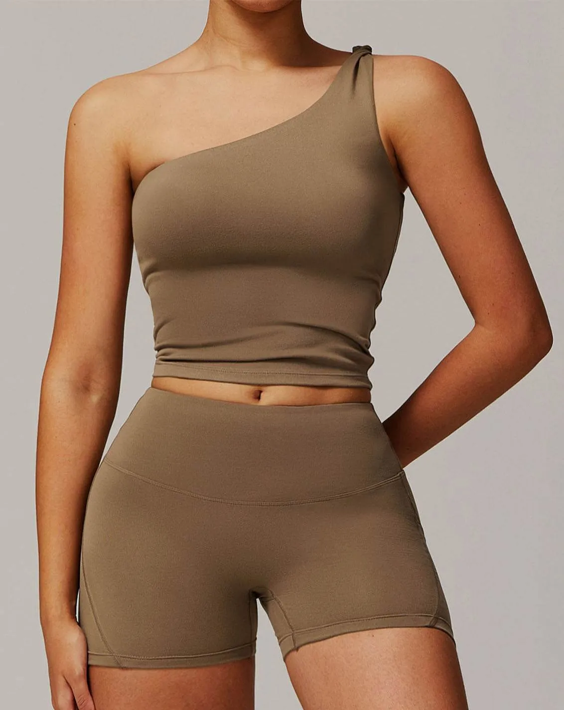 Photo Glam One Shoulder Knot Design Tank Fitness Tops