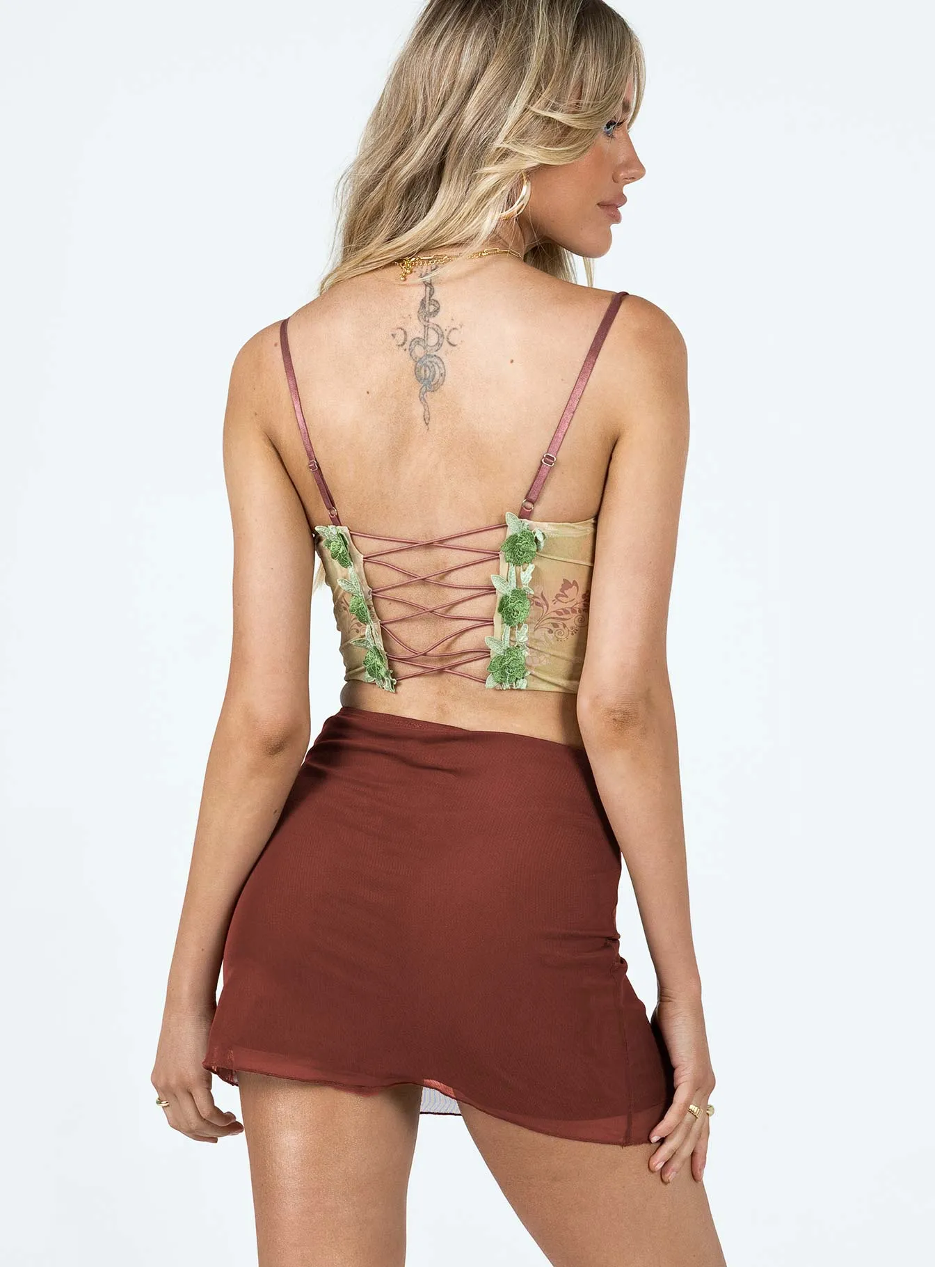 Selby Mesh Mini Skirt Brown Luxury Trim Bold Accent