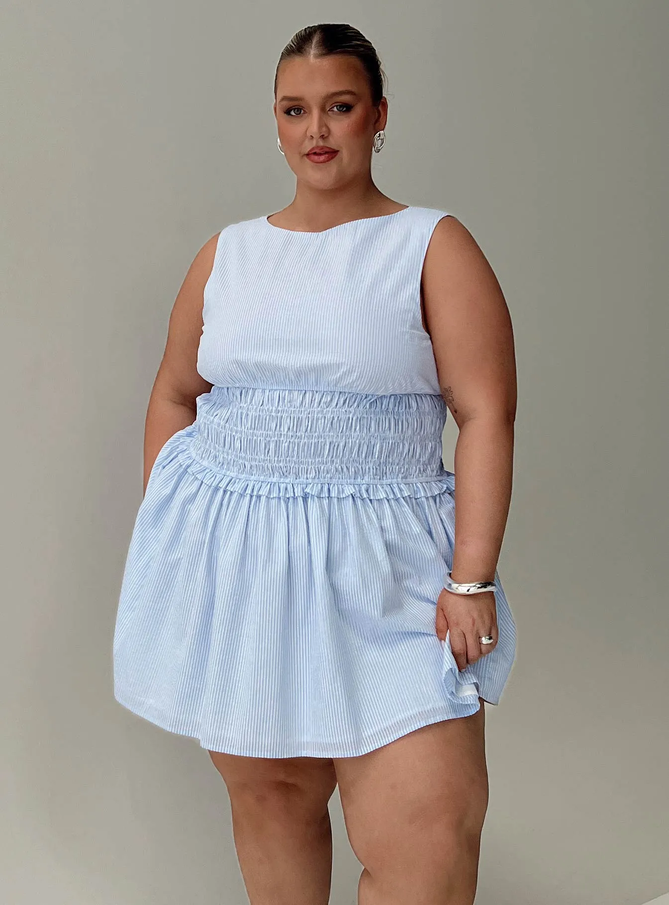 All-Day Fit Workwear Yennifer Shirred Mini Dress Blue / White Curve