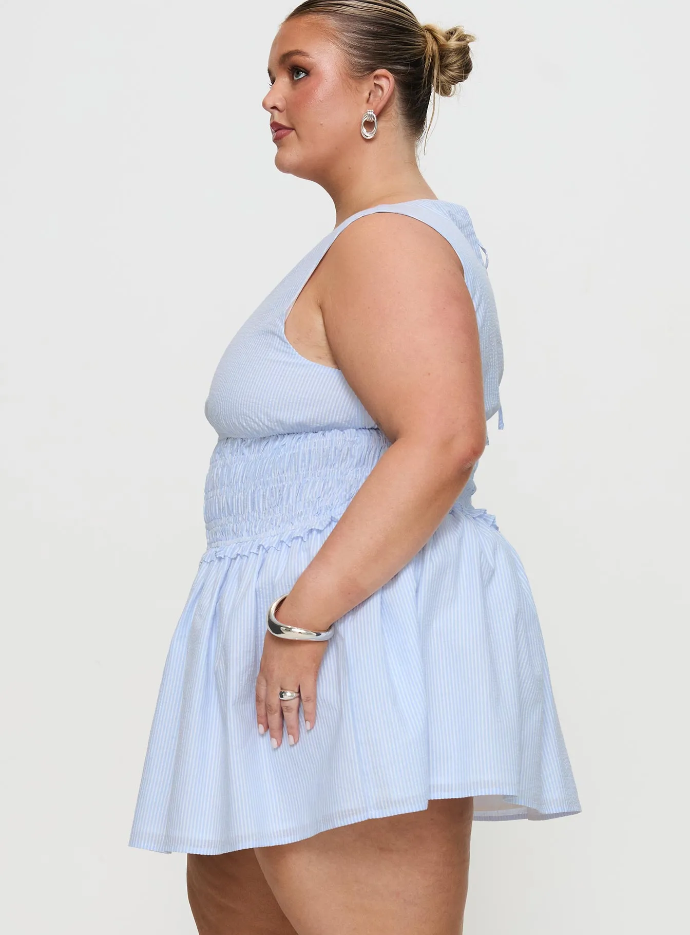 New Mood Yennifer Shirred Mini Dress Blue / White Curve