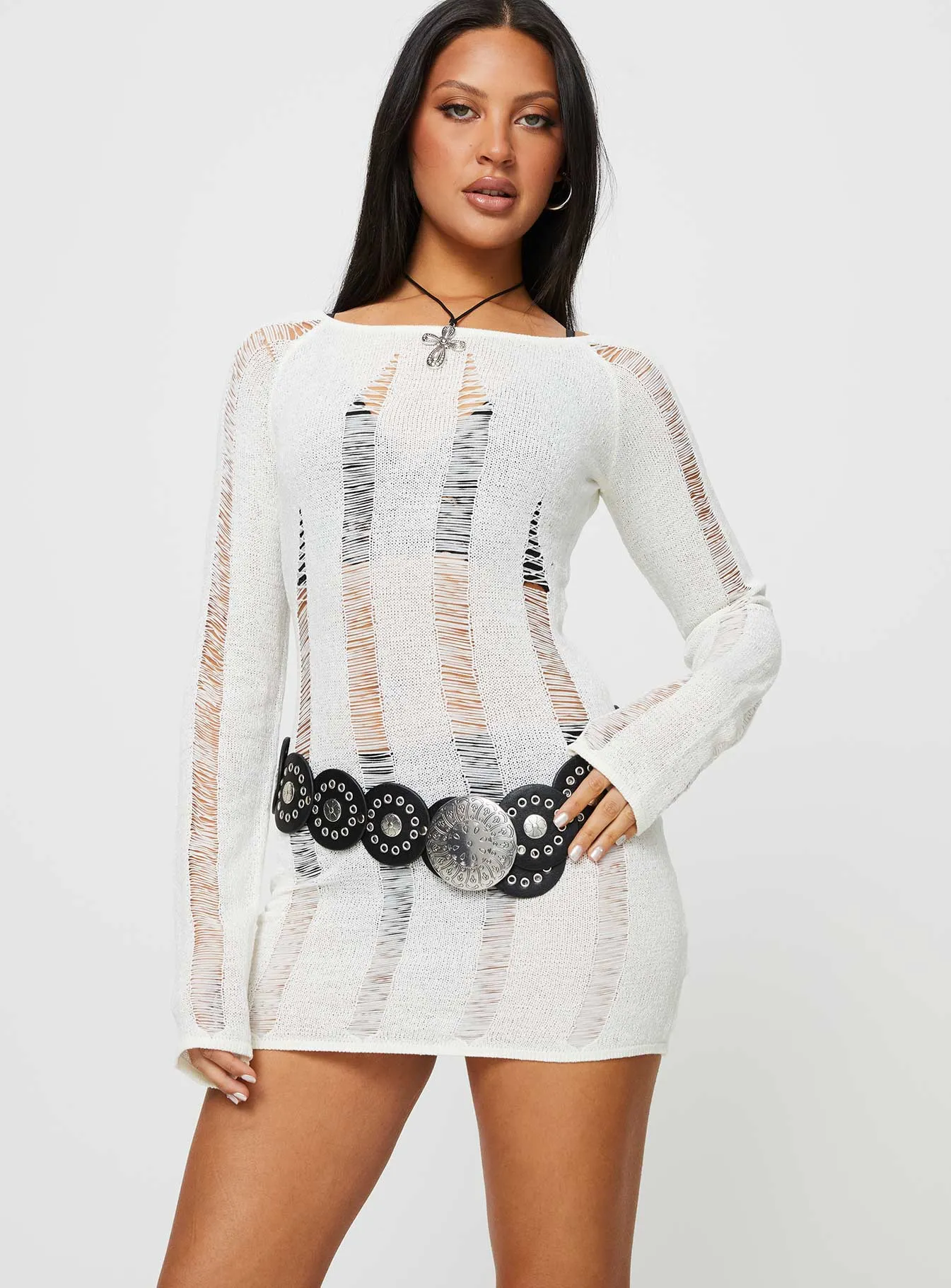 Regie Long Sleeve Mini Dress White Bright Colors