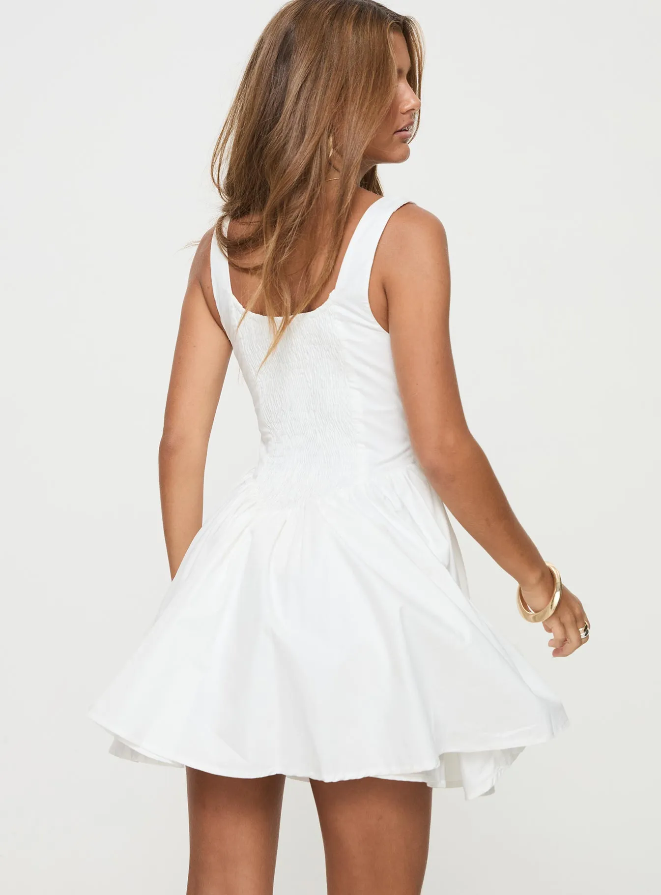 Straplie Mini Dress White Outdoor Scene Front Ruffle