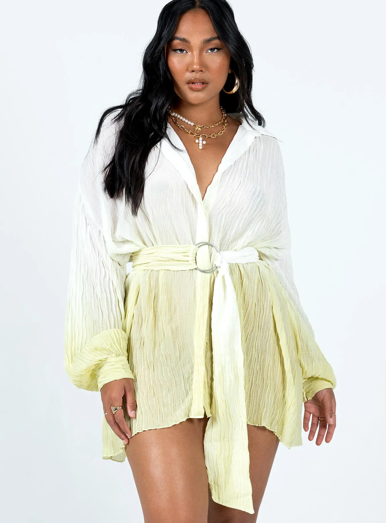 Tune In Shirt Dress Green Feminine Line Button Accent