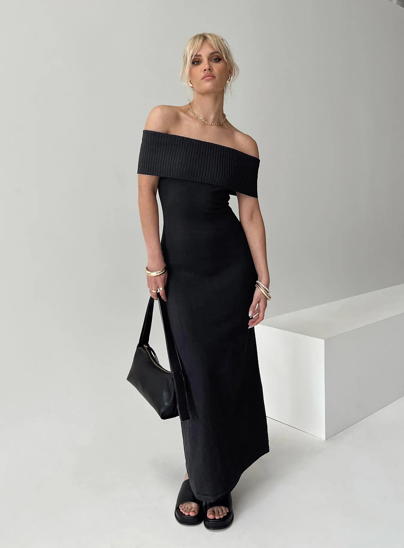 Lassey Off The Shoulder Knit Maxi Dress Black Tear-resistant Sleek And Stylish