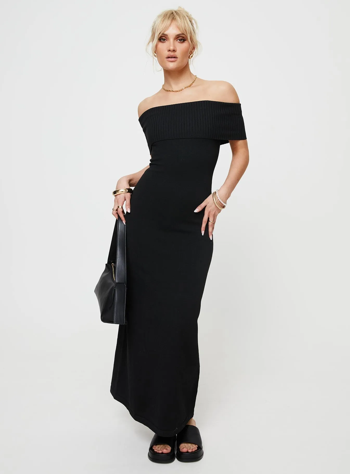 Lassey Off The Shoulder Knit Maxi Dress Black Day Ready Look Relaxed and Elegant