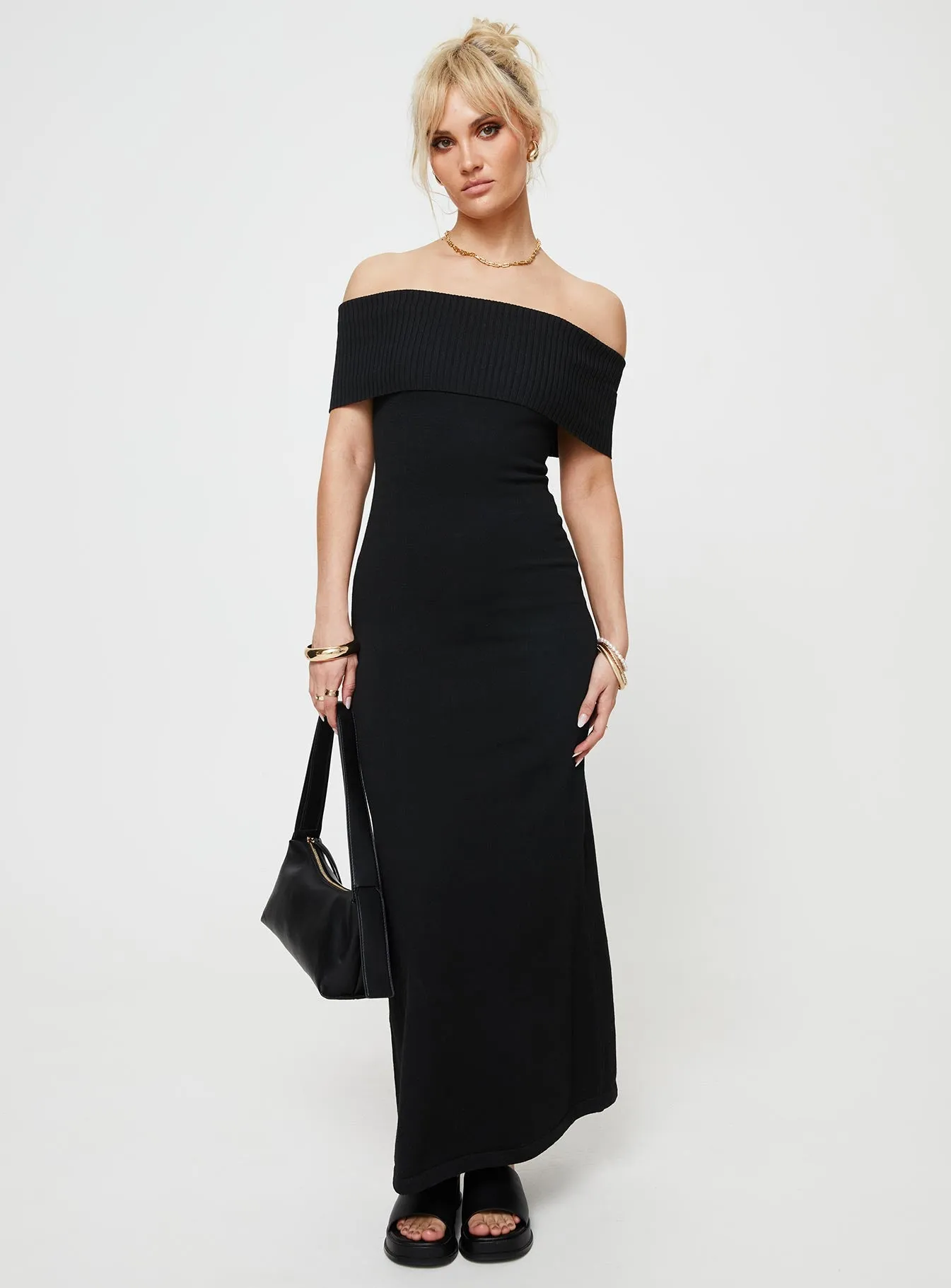 Timeless Piece Brunch Glow Lassey Off The Shoulder Knit Maxi Dress Black