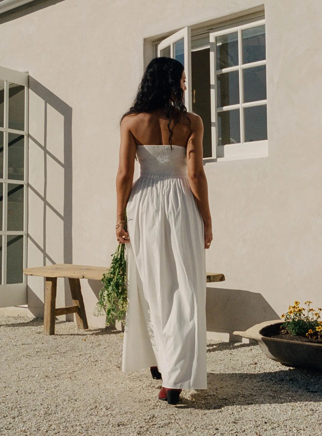 museum visit Breezy Style Nicia Strapless Maxi Dress White