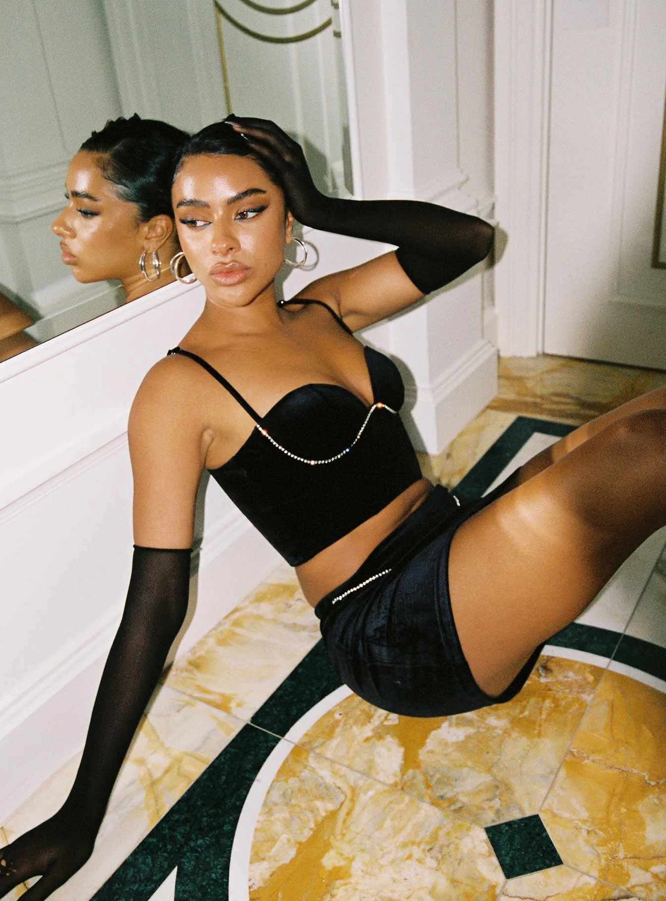 Claude Diamante Mini Skirt Black Travel Influence Draped Design