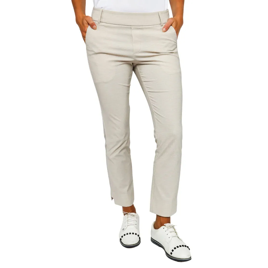 SturdyBeltLoops Golftini Women's Stretch Ankle Golf Pants - Khaki Houndstooth